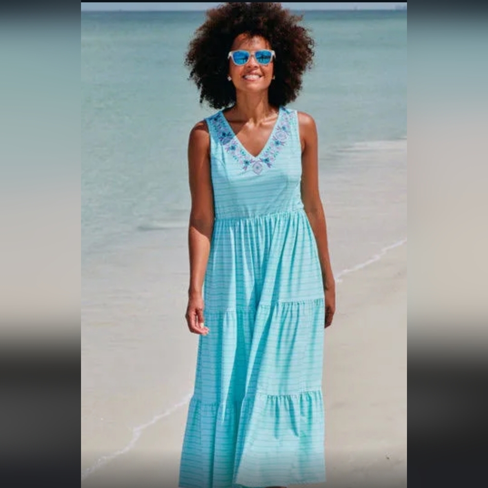CABANA LIFE: Embroidered Aqua Naples Maxi Dress/ Cover-up SIZE L